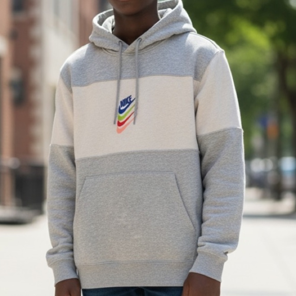 NIKE•Boys Heather Gray Sweatshirt With Multicolored Iconic Swooshes•XL